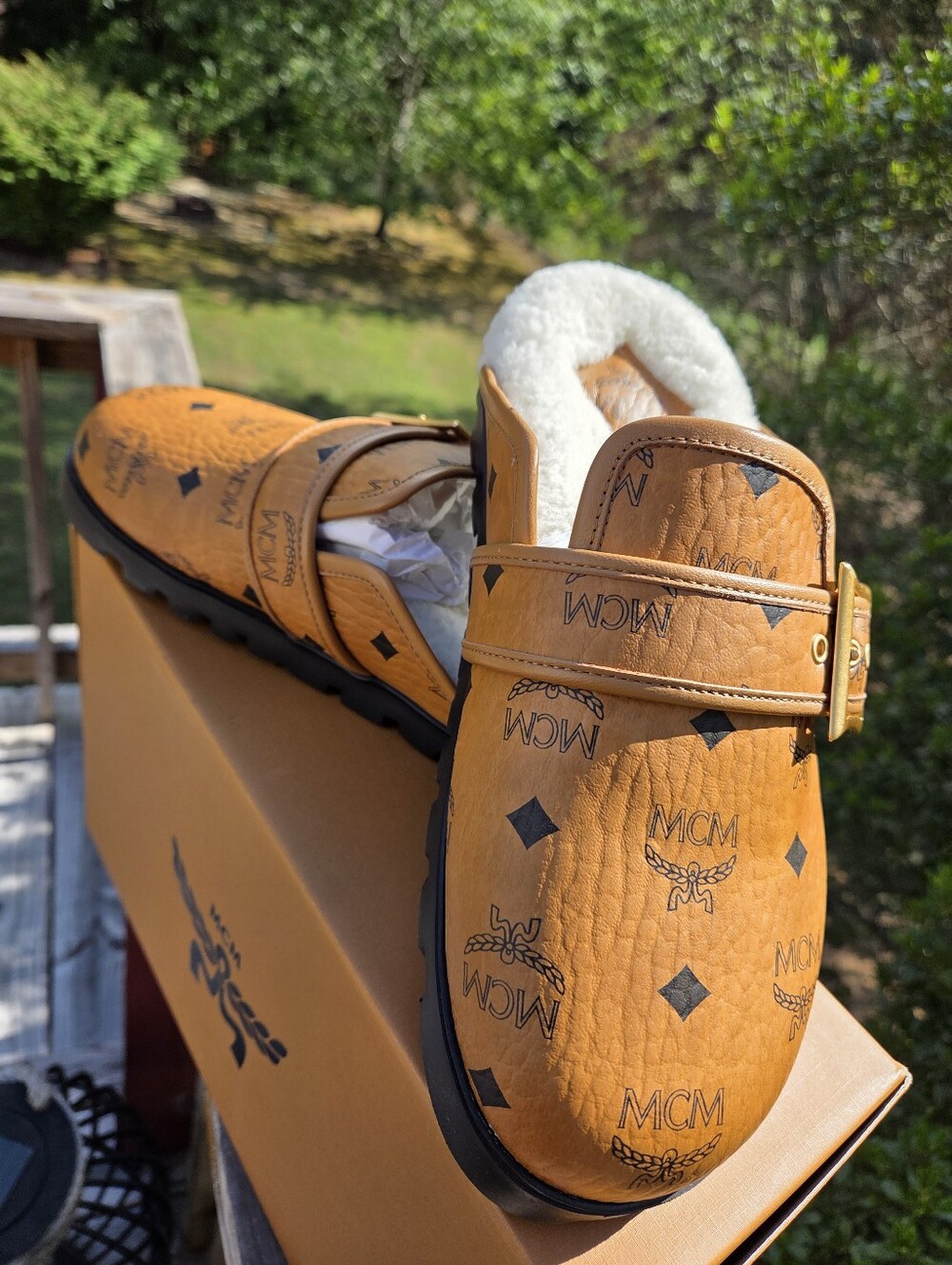 New Unisex MCM Tan Logo Leather Clog with Buckle and Shearling